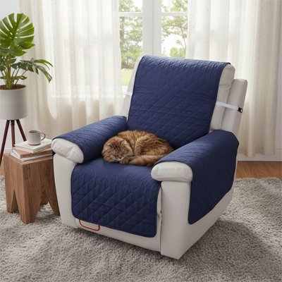 Un chat à poil long endormi sur une protection canapé chat de couleur bleu du fauteuil