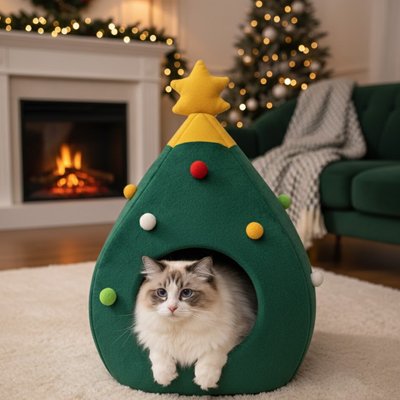 Un chat à poils longs confortablement installé à l'entrée d'une niche pour chat vert en forme de sapin de Noël