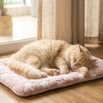 Chat à poils longs beige dormant profondément sur un tapis chat 