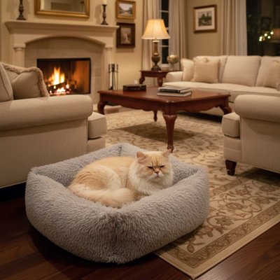 Chat à poils longs beige et blanc se repose dans un panier chat carré en peluche grise