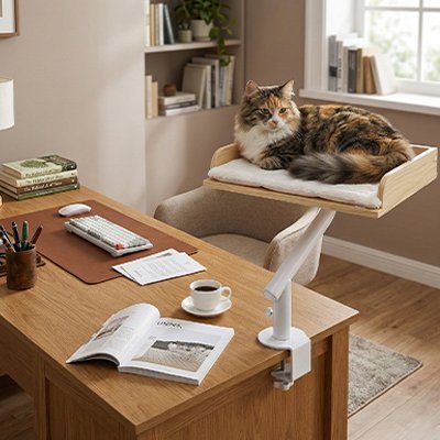 Un chat à poils longs tricolore est confortablement installé sur un lit en hauteur pour chat