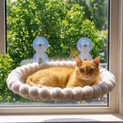 Chat roux allongé confortablement dans un hamac pour chat fenetre moelleux de couleur blanche