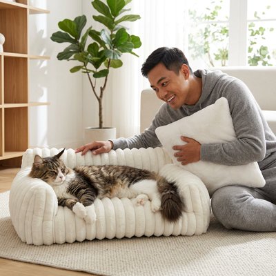Chat allongé confortablement sur un coussin chat blanc