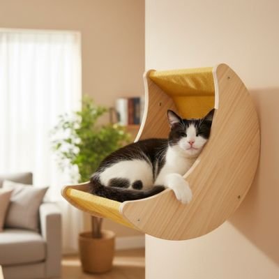 Chat confortablement allongé dans un hamac chat en bois au design moderne.