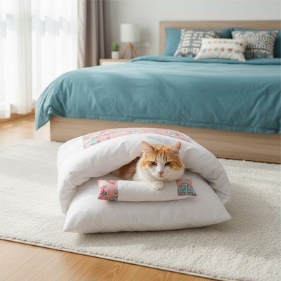 Chat roux allongé paisiblement dans un lit a chat en forme de sac de couchage rose