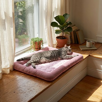 Chat gris tigré allongé paisiblement sur un tapis rafraichissant chat rose posé sur un rebord de fenêtre ensoleillé