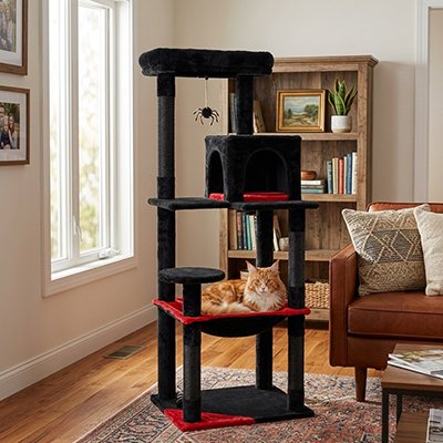 chat roux allongé sur l'arbre à chat noir