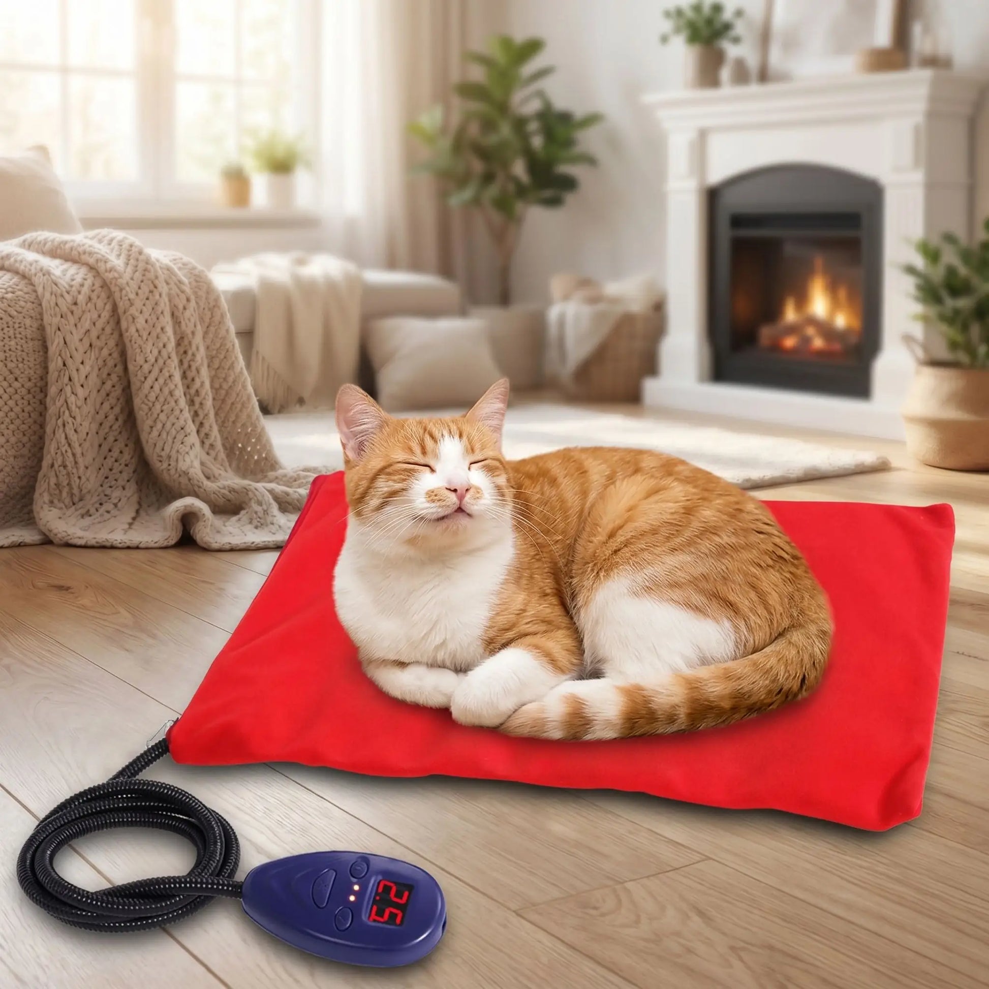 chat allongé sur un coussin chauffant chat