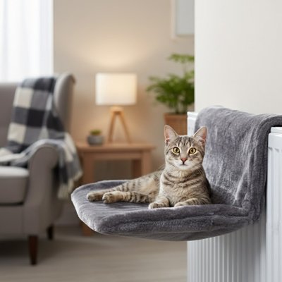 Chat allongé sur un hamac radiateur pour chat blanc