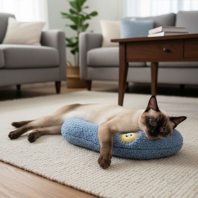 Chat allongé sur un coussin chats bleu bleu en peluche