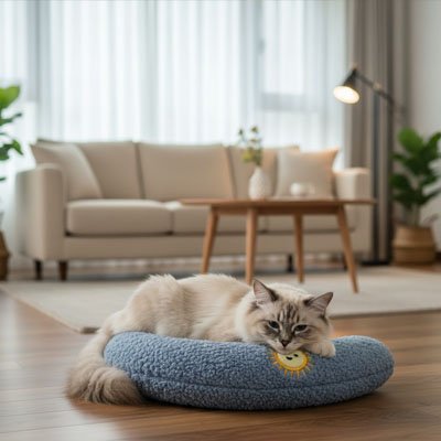 Chat allongé sur un coussin chats bleu bleu 