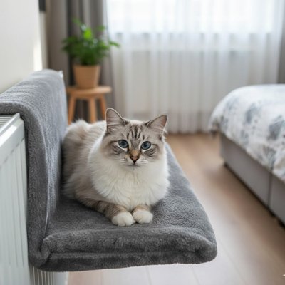 Chat aux yeux bleus, allongé sur un hamac radiateur pour chat , dans une chambre lumineuse