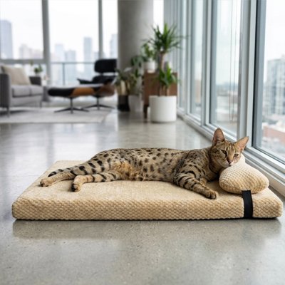 chat allongé sur un lit chat rectangulaire de couleur beige