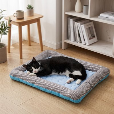 Chat allongé sur un tapis rafraichissant chat dans une ambiance chaleureuse et calme.