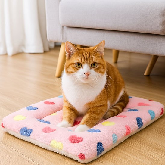 Chat assis sur un tapis chat orné posé sur un plancher de bois dans un salon