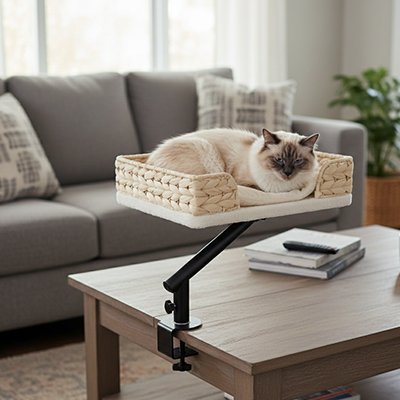 Chat beige et brun repose dans un panier chat en osier tressé avec coussin blanc