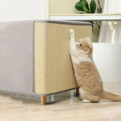 Un chat beige et blanc fait ses griffes sur un protege canape chat dans un salon lumineux