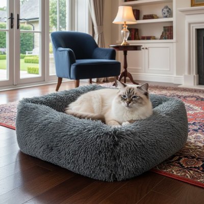 chat bicolore allongé sur un lit pour chat rond et duveteux de couleur gris marron