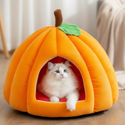 Chat blanc allongé dans une niche pour chat en forme de citrouille orange