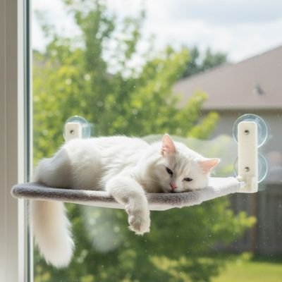 Chat blanc allongé sur un hamac fenetre chat