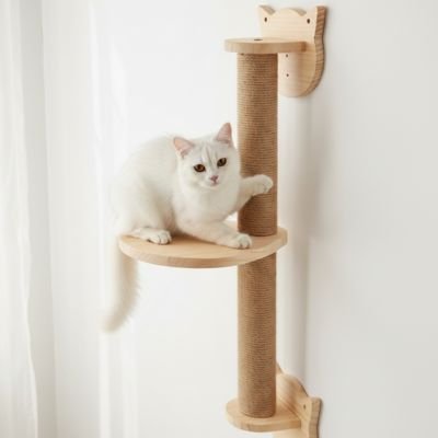 Chat blanc assis sur la plateforme d'un griffoir d'arbre chat mural en bois clair