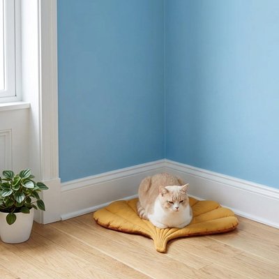 Chat blanc et crème est installé confortablement au centre du tapis chat