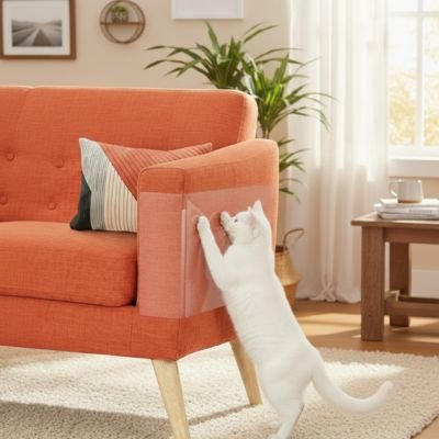 chat blanc dresse ses pattes sur l'accoudoir en tissu orange d'un fauteuil protégé par Protege canape chat 