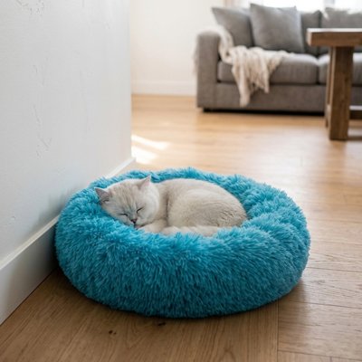 Chat Blanc endormi dans son Coussin Chat de couleur bleu