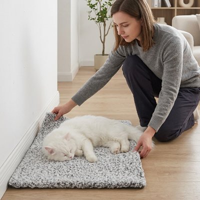 Chat blanc endormi sur un tapis chat