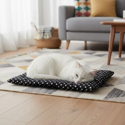 Chat blanc endormie confortablement sur tapis pour chat 