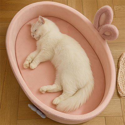 Chat blanc endormis dans un panier chat en peluche rose et mauve orné d'oreilles de lapin