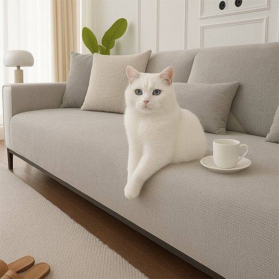 Un chat entièrement blanc est assis au centre d'un canapé moderne recouvert d'une protection canapé chat texturée gris clair