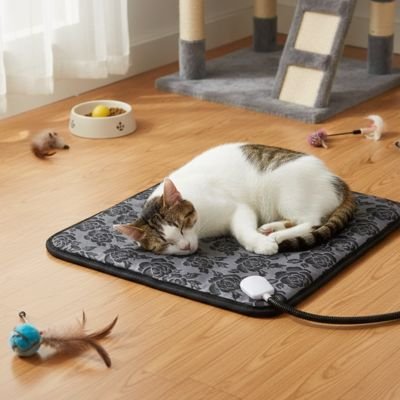 Chat blanc et gris endormi sur un tapis pour chat  à motifs floraux dans un salon lumineux.
