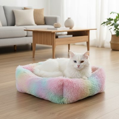 Chat blanc se repose dans un coussin pour chat posé sur un plancher de bois clair 