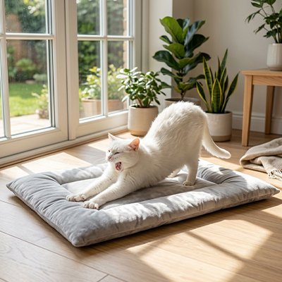 Chat blanc s'étirant sur un tapis chat devant une fenêtre ensoleillée