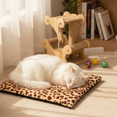 Chat blanc sur tapis chat motif léopard, à côté d'un arbre à chat en bois