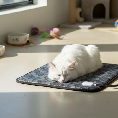 Chat blanc profitant de la chaleur douce du tapis pour chat posé sur un sol clair.