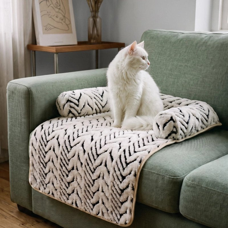 Chat blanc sur une protection canape chat