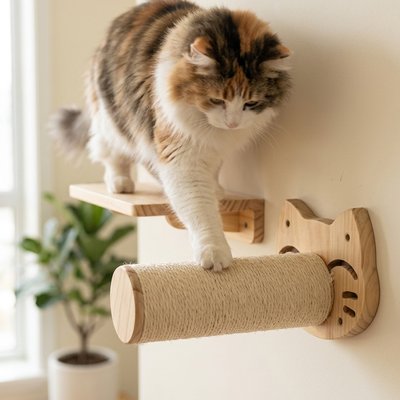 Chat calico descend d'un arbre chat mural en bois pour poser sa patte sur un griffoir cylindrique en sisal