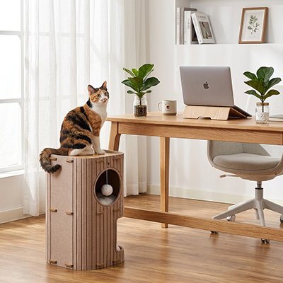 Chat calicot assis sur le toit d'une niche pour chat cylindrique beige à côté d'un bureau de travail