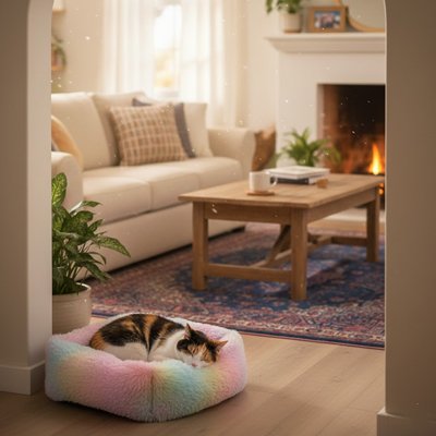 Chat calicot endormi dans un coussin pour chat posé sur un plancher en bois