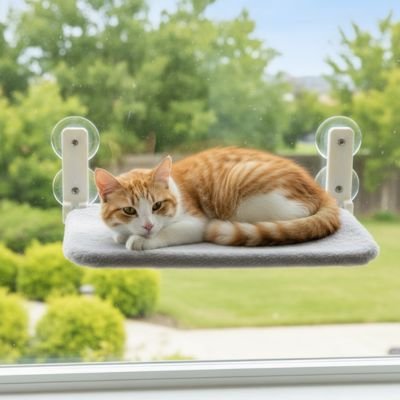 Chat calme installé sur un hamac fenetre chat 
