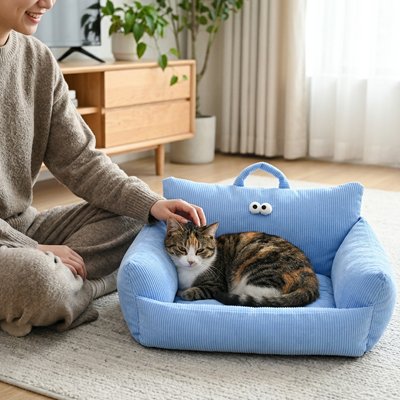 Chat couché dans un panier chat bleu en velours côtelé avec une poignée et des yeux amusants