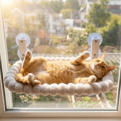 Un chat roux tigré est confortablement allongé sur le dos, dans un hamac pour chat fenetre