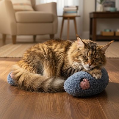 Chat de race Maine Coon dort paisiblement sur un coussin chat