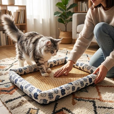 Chat gris et blanc découvre son nouveau tapis rafraichissant chat dans un salon lumineux