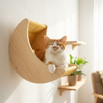 Chat détendu dans un hamac chat, installé sur un mur clair.