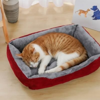 Chat endormi dans un coussin à chat rouge