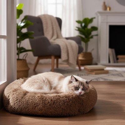 Chat endormi dans un lit pour chat douillet au milieu d'un salon moderne et chaleureux