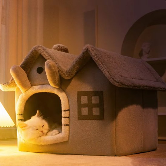 Chat endormi paisiblement dans un Panier pour chat en forme de petite maison 
